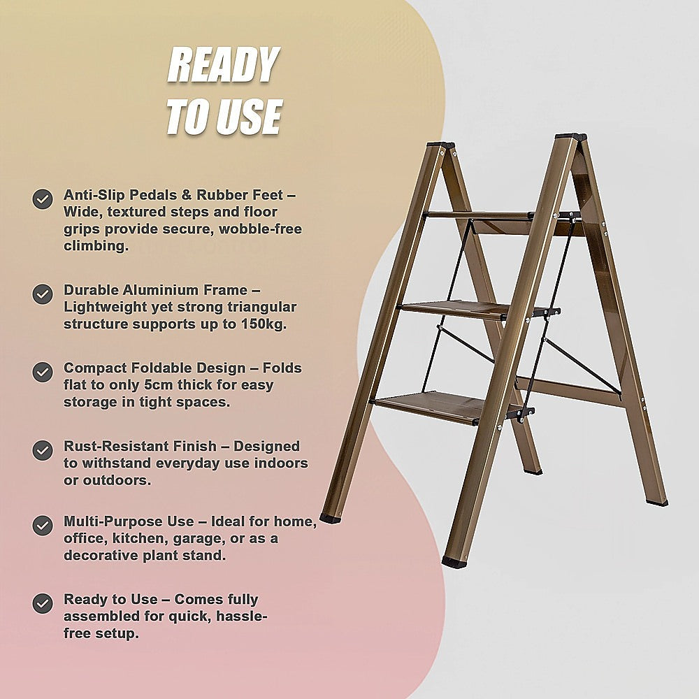 3 Step Ladder Foldable Lightweight - Anti-Slip Safety Stool for Home & Office V63-954011