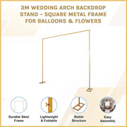 3m Wedding Arch Backdrop Stand - Square Metal Frame for Balloons & Flowers V63-954041
