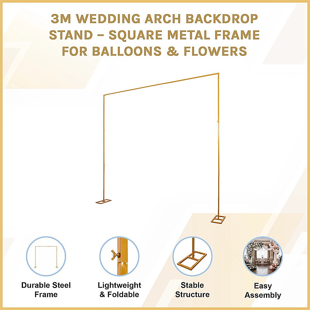 3m Wedding Arch Backdrop Stand - Square Metal Frame for Balloons & Flowers V63-954041
