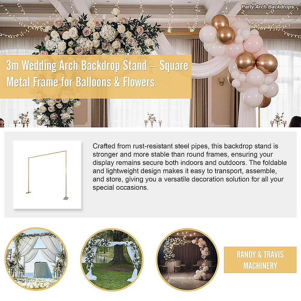 3m Wedding Arch Backdrop Stand - Square Metal Frame for Balloons & Flowers V63-954041