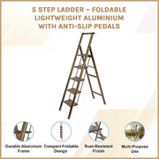 5 Step Ladder - Foldable Lightweight Aluminium with Anti-Slip Pedals V63-954091