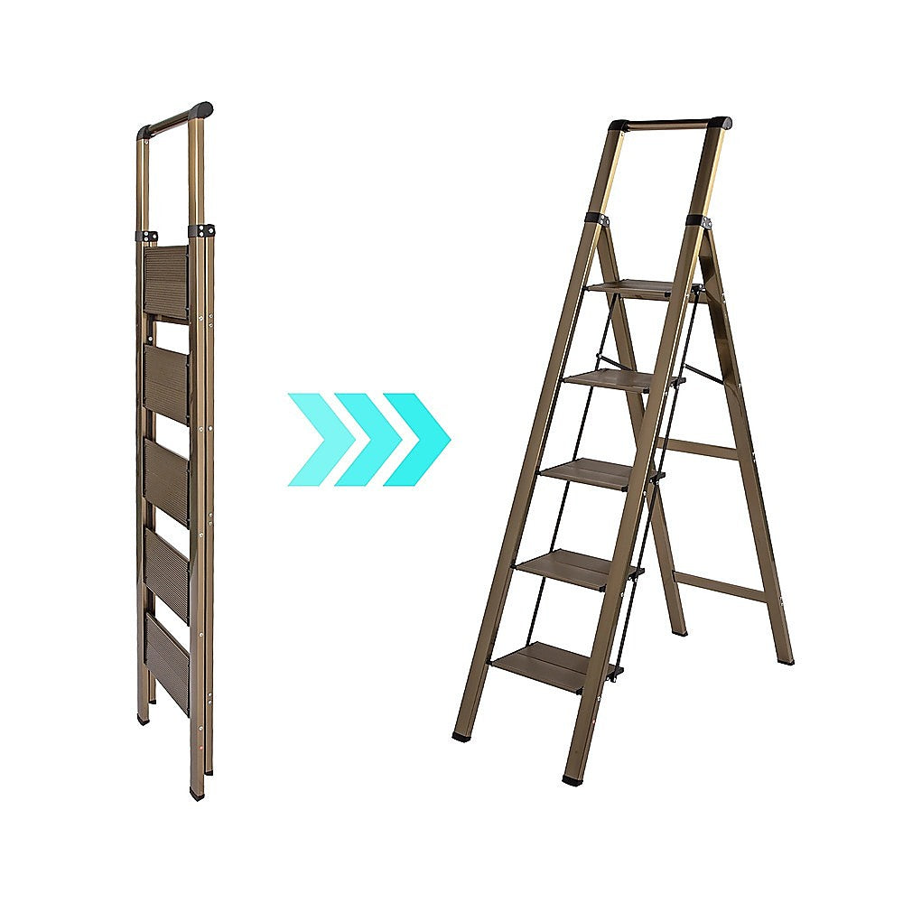 5 Step Ladder - Foldable Lightweight Aluminium with Anti-Slip Pedals V63-954091