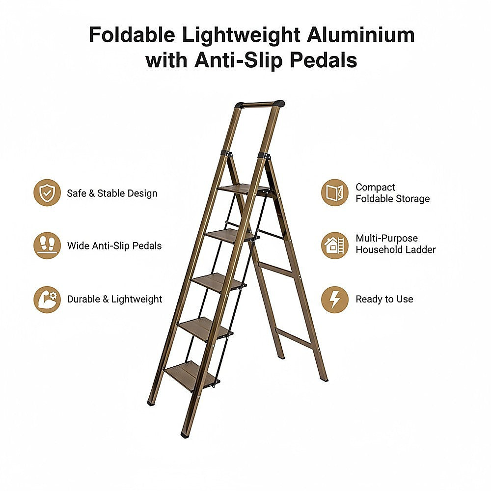 5 Step Ladder - Foldable Lightweight Aluminium with Anti-Slip Pedals V63-954091