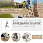5 Step Ladder - Foldable Lightweight Aluminium with Anti-Slip Pedals V63-954091
