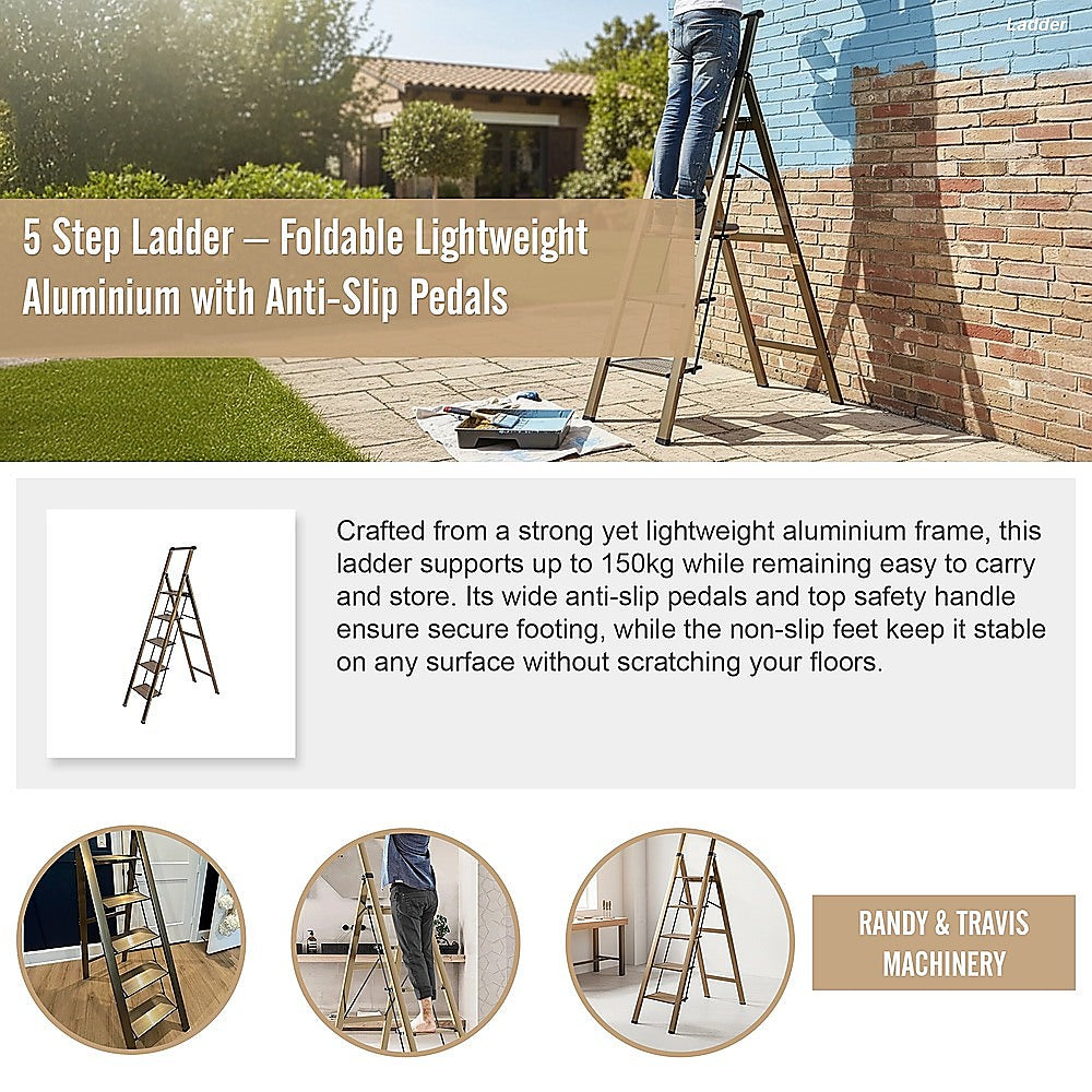 5 Step Ladder - Foldable Lightweight Aluminium with Anti-Slip Pedals V63-954091