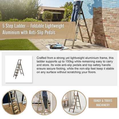 5 Step Ladder - Foldable Lightweight Aluminium with Anti-Slip Pedals V63-954091