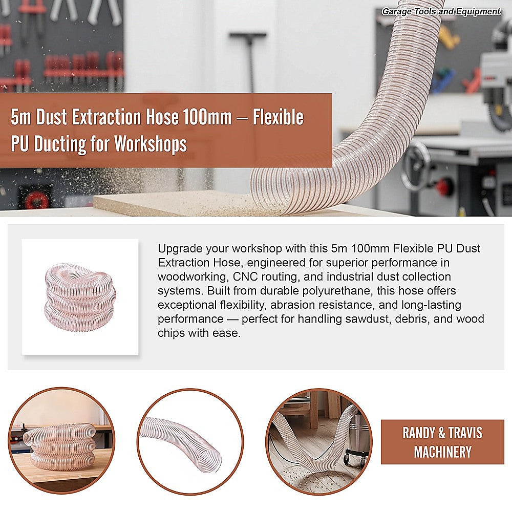 5m Dust Extraction Hose 100mm - Flexible PU Ducting for Workshops V63-954301