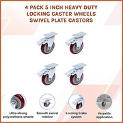 4 Pack 5 Inch Heavy Duty Locking Caster Wheels Swivel Plate Castors V63-954641