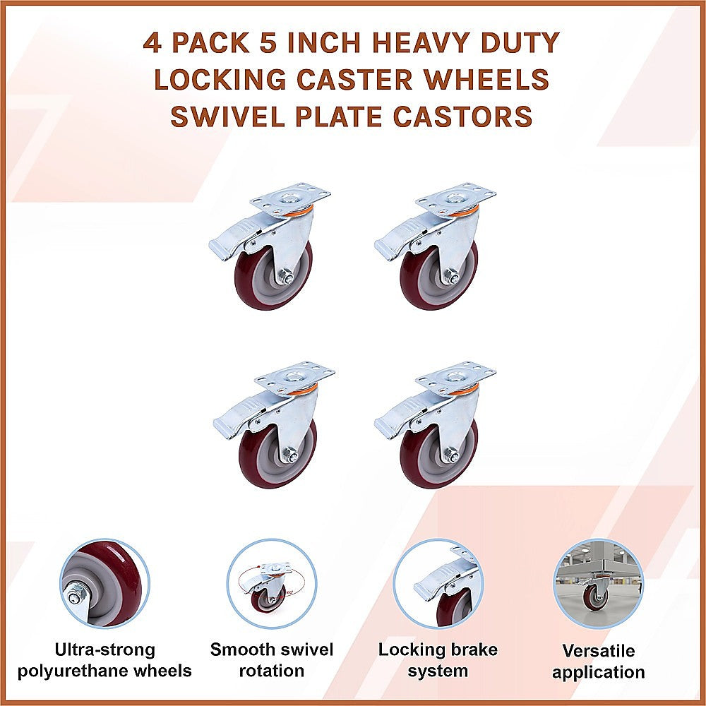 4 Pack 5 Inch Heavy Duty Locking Caster Wheels Swivel Plate Castors V63-954641