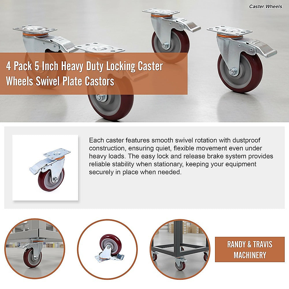 4 Pack 5 Inch Heavy Duty Locking Caster Wheels Swivel Plate Castors V63-954641