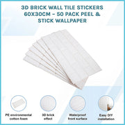 3D Brick Wall Tile Stickers 60x30cm - 50 Pack Peel & Stick Wallpaper V63-954671