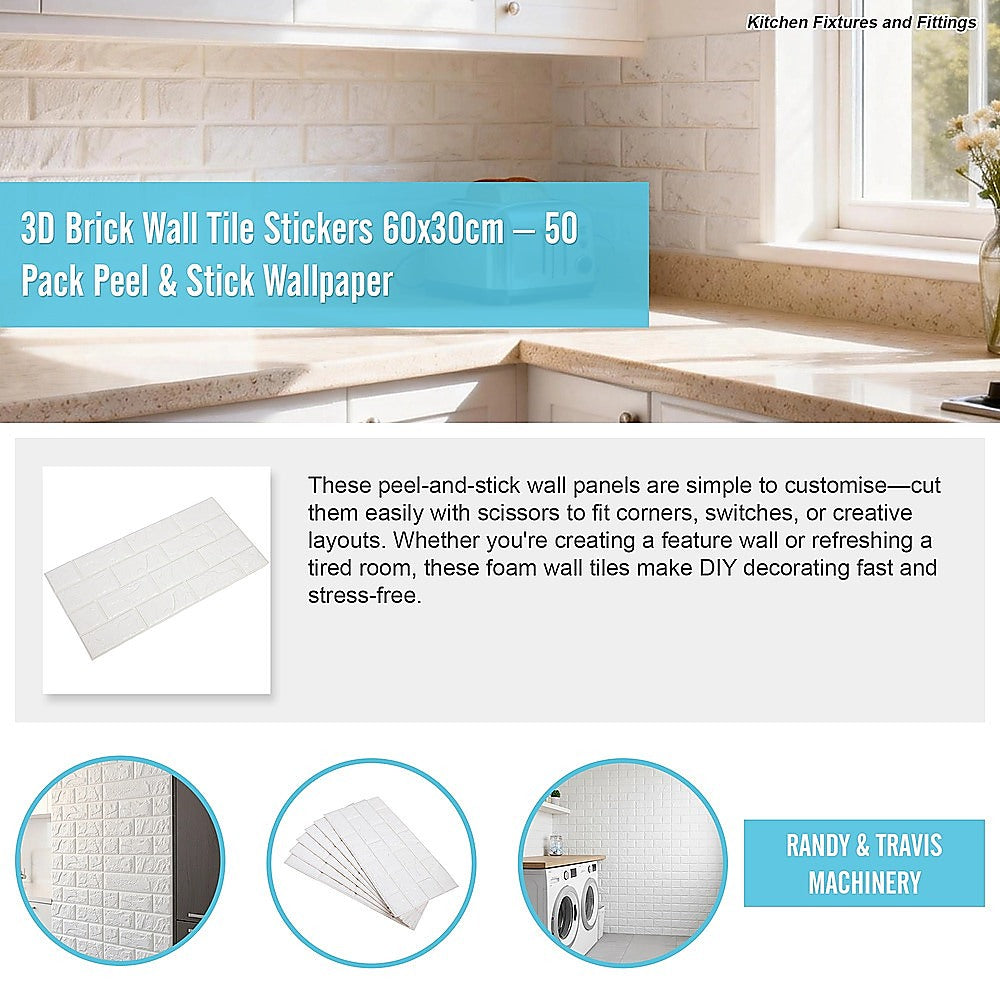 3D Brick Wall Tile Stickers 60x30cm - 50 Pack Peel & Stick Wallpaper V63-954671