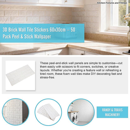 3D Brick Wall Tile Stickers 60x30cm - 50 Pack Peel & Stick Wallpaper V63-954671