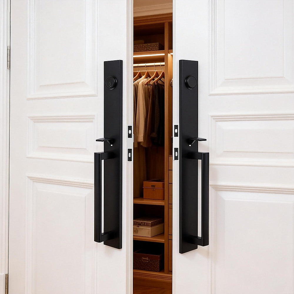 Matte Black Double Door Handle Set Dummy Front Entry Deadbolt Lock V63-954721