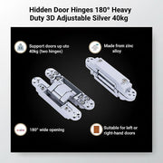 Hidden Door Hinges 180 degrees Heavy Duty 3D Adjustable Silver 40kg V63-954941