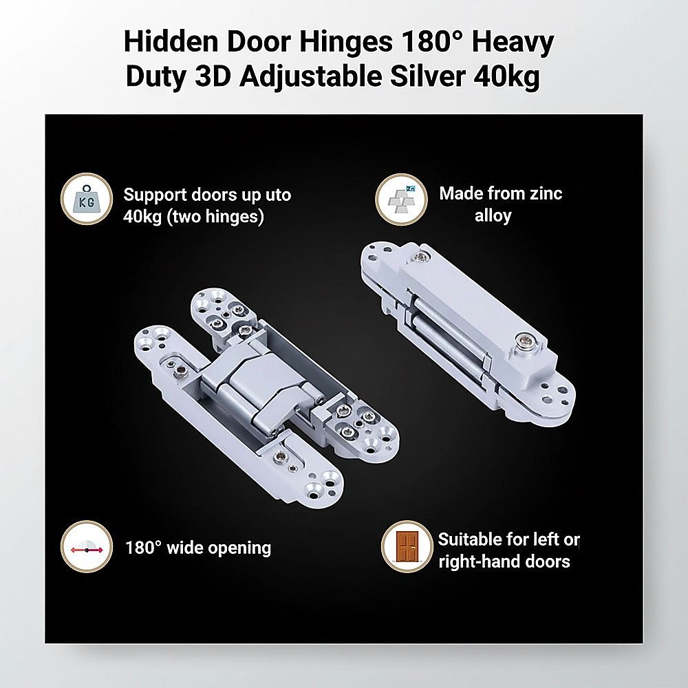 Hidden Door Hinges 180 degrees Heavy Duty 3D Adjustable Silver 40kg V63-954941