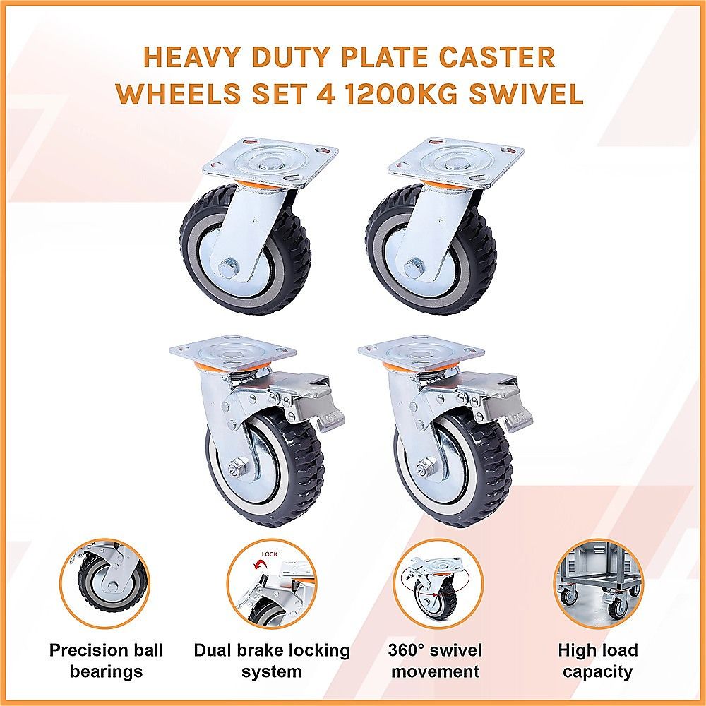 Heavy Duty Plate Caster Wheels Set 4 1200kg Swivel V63-954961