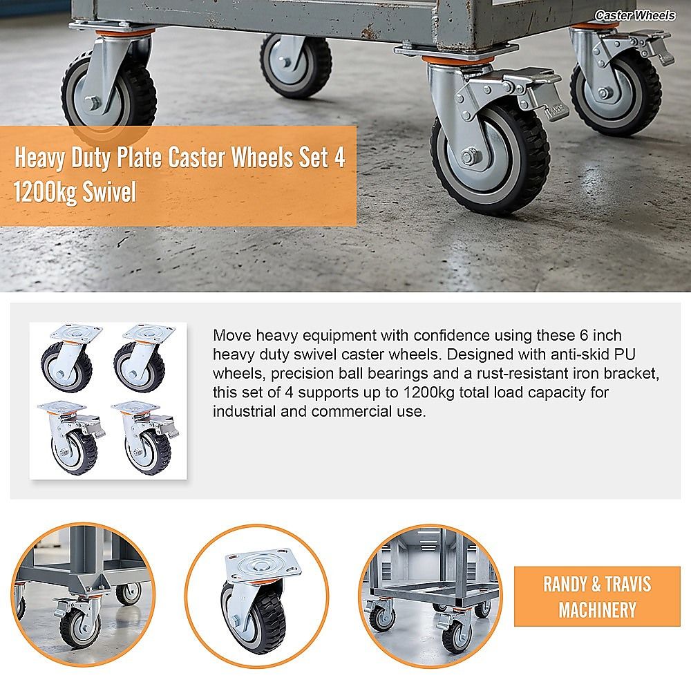 Heavy Duty Plate Caster Wheels Set 4 1200kg Swivel V63-954961