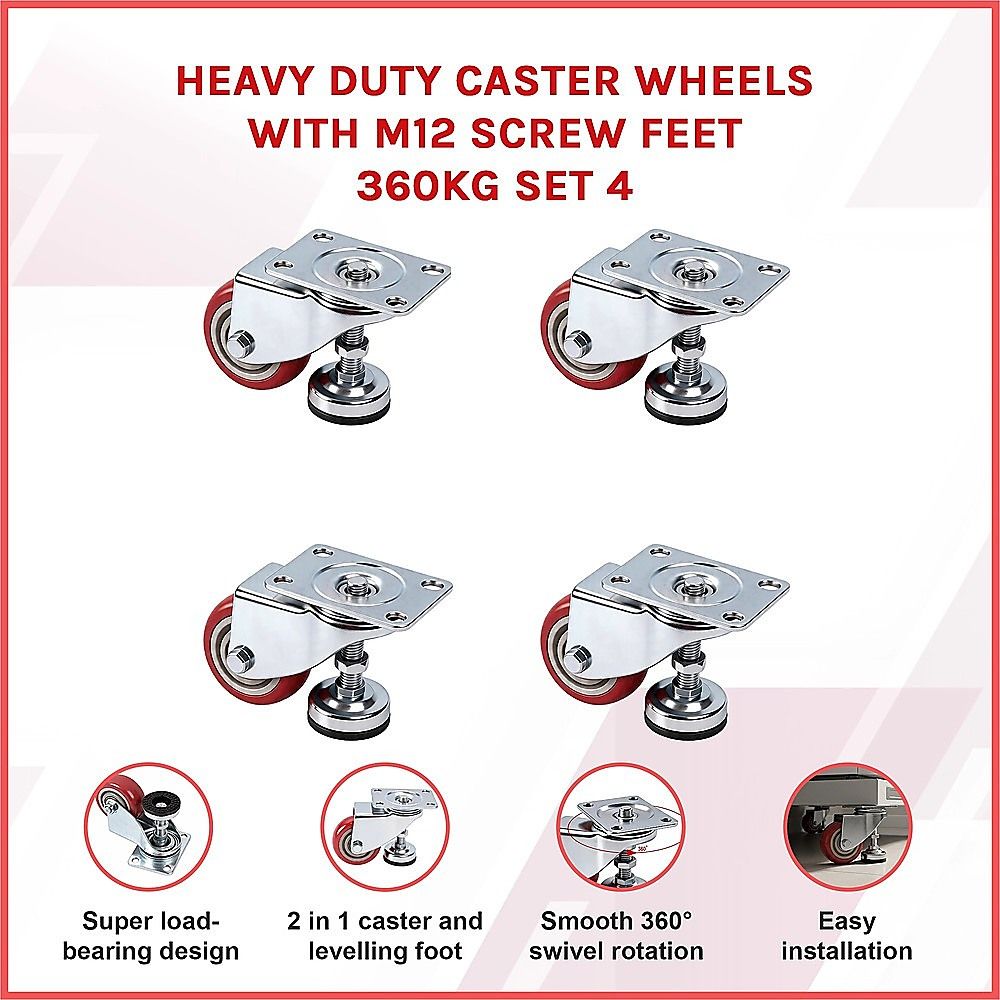 7.6cm Heavy Duty Caster Wheels With M12 Screw Feet 360kg Set Of 4 V63-954971