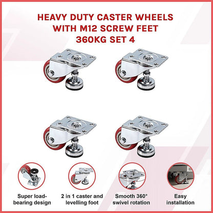 7.6cm Heavy Duty Caster Wheels With M12 Screw Feet 360kg Set Of 4 V63-954971