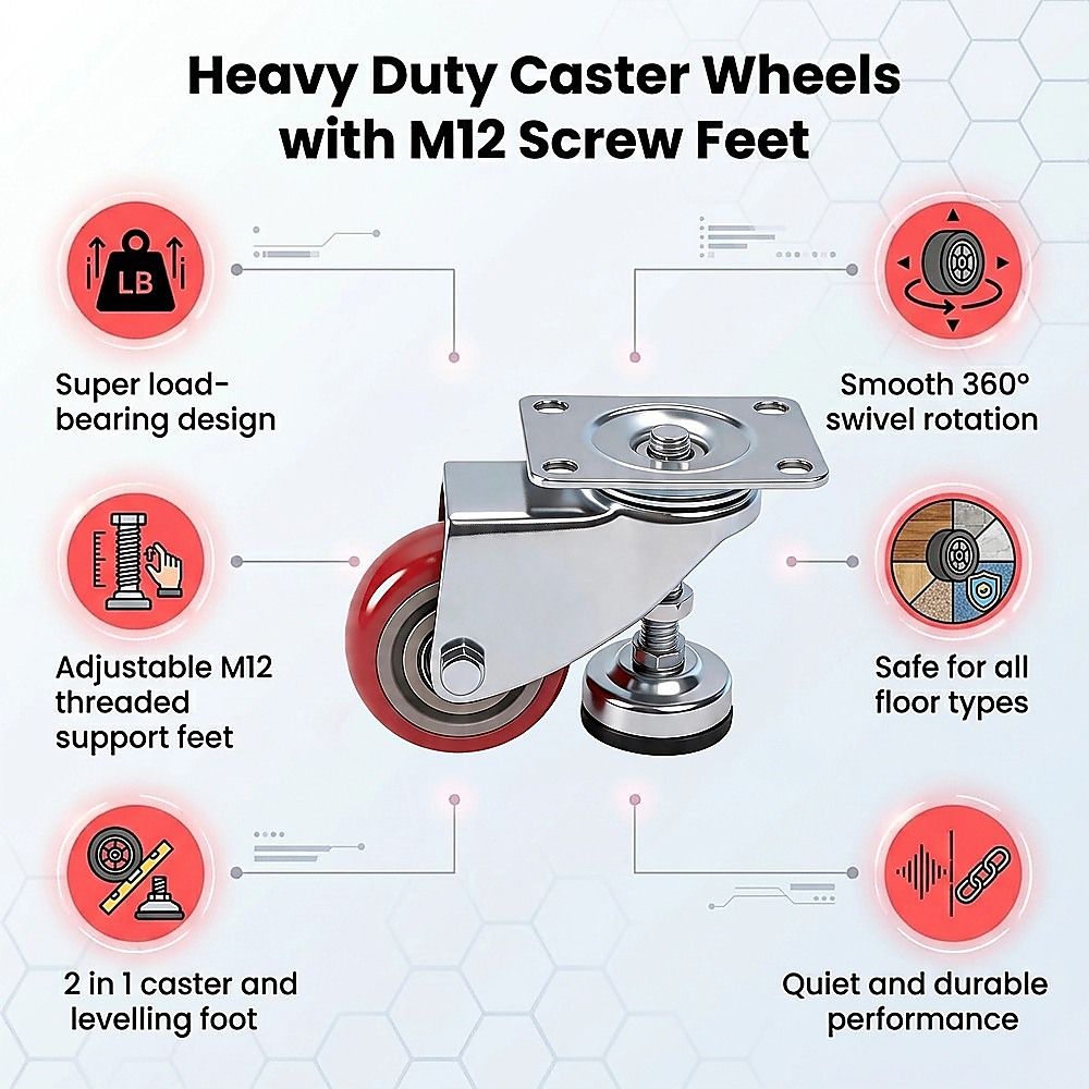 7.6cm Heavy Duty Caster Wheels With M12 Screw Feet 360kg Set Of 4 V63-954971