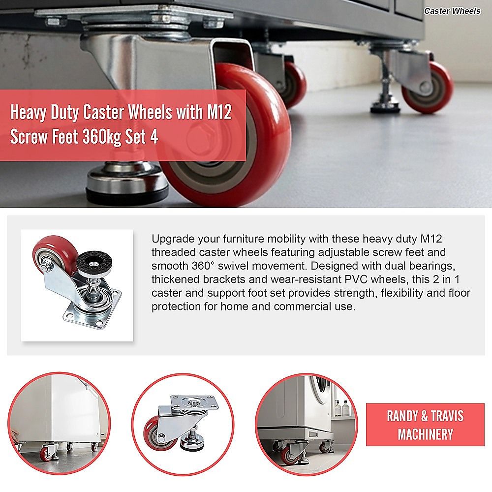 7.6cm Heavy Duty Caster Wheels With M12 Screw Feet 360kg Set Of 4 V63-954971