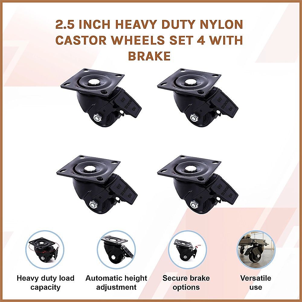 2.5 Inch Heavy Duty Nylon Castor Wheels Set 4 with Brake V63-954981