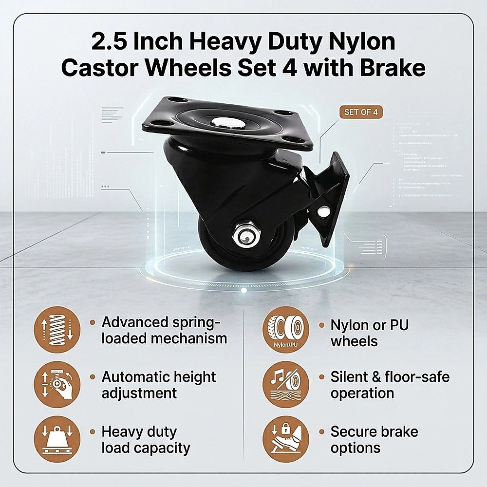 2.5 Inch Heavy Duty Nylon Castor Wheels Set 4 with Brake V63-954981