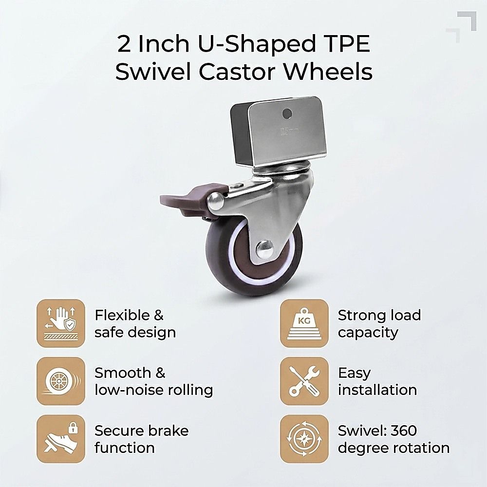 2 Inch U-Shaped TPE Swivel Castor Wheels Set 4 Brake V63-955001