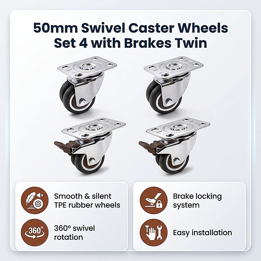 50mm Swivel Caster Wheels Set 4 with Brakes Twin V63-955061