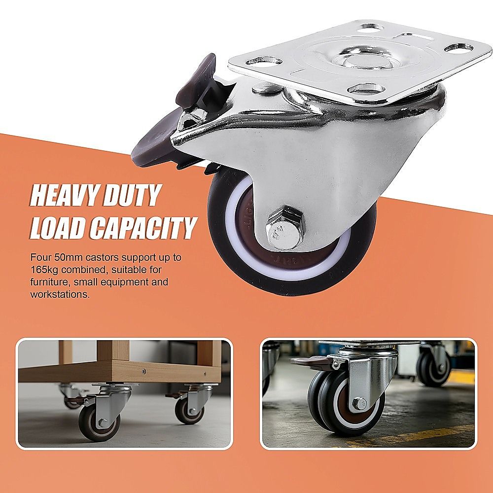 50mm Swivel Caster Wheels Set 4 with Brakes Twin V63-955061