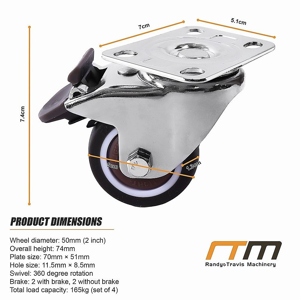 50mm Swivel Caster Wheels Set 4 with Brakes Twin V63-955061