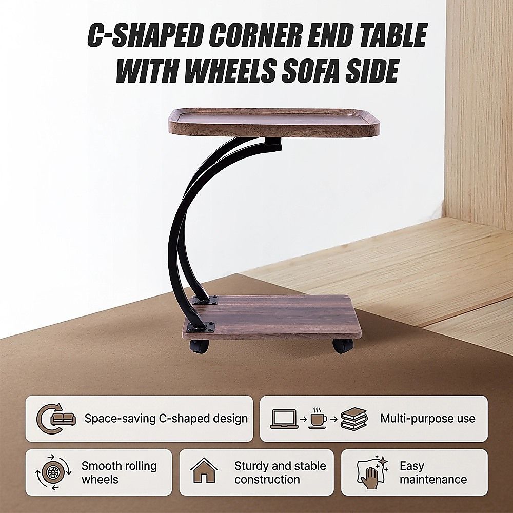 C-Shaped Corner End Table with Wheels Sofa Side V63-955141