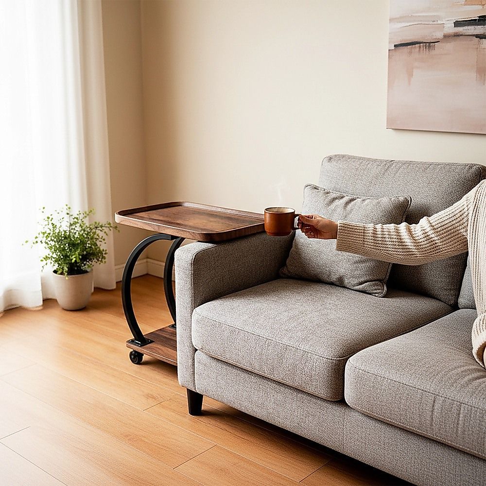 C-Shaped Corner End Table with Wheels Sofa Side V63-955141