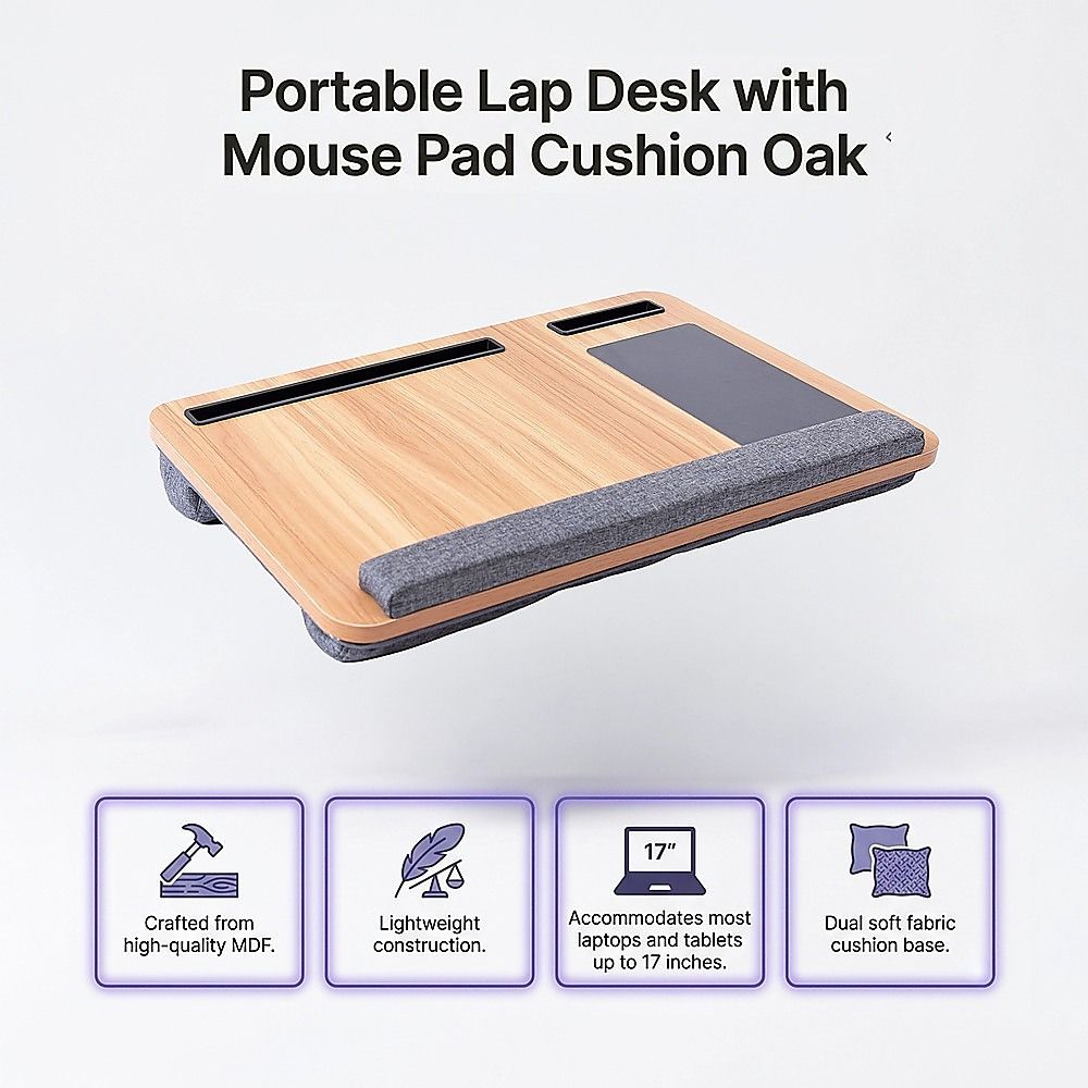 Portable Lap Desk with Mouse Pad Cushion Oak V63-955161