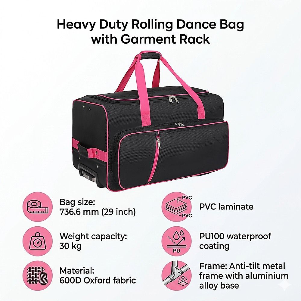 736.6 mm Heavy Duty Rolling Dance Bag with Garment Rack for Travel V63-955251