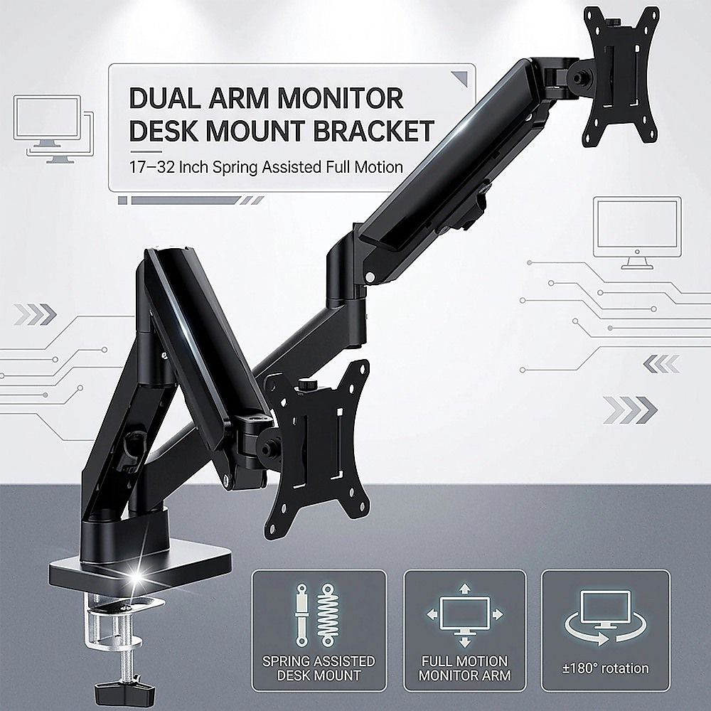Dual Arm Monitor Desk Mount Bracket Spring Assisted 17-32 Inch Full Motion V63-955291