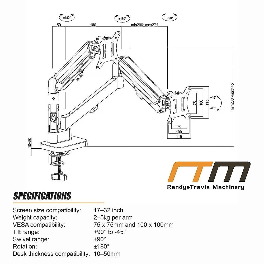 Dual Arm Monitor Desk Mount Bracket Spring Assisted 17-32 Inch Full Motion V63-955291