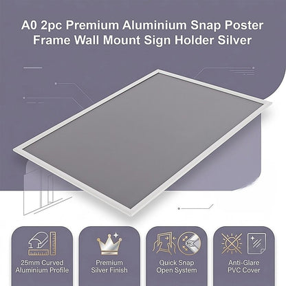 A0 2pc Aluminium Snap Poster Frame Wall Mount Sign Holder Silver V63-955331
