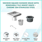 10x10cm Square Shower Drain with Removable Tile Insert Grate - Stainless steel 304SS, CUPC Certified for V63-955491