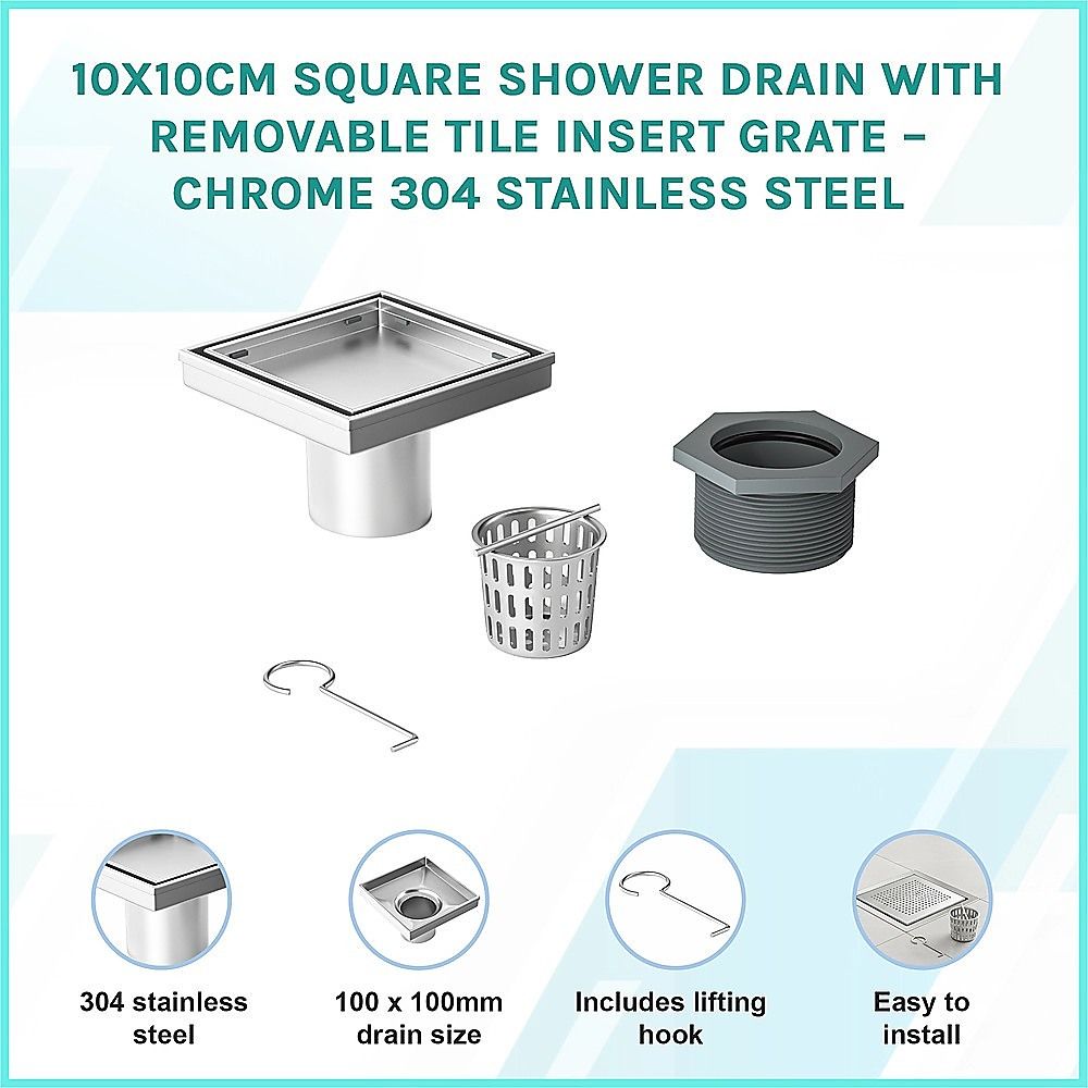 10x10cm Square Shower Drain with Removable Tile Insert Grate - Stainless steel 304SS, CUPC Certified for V63-955491
