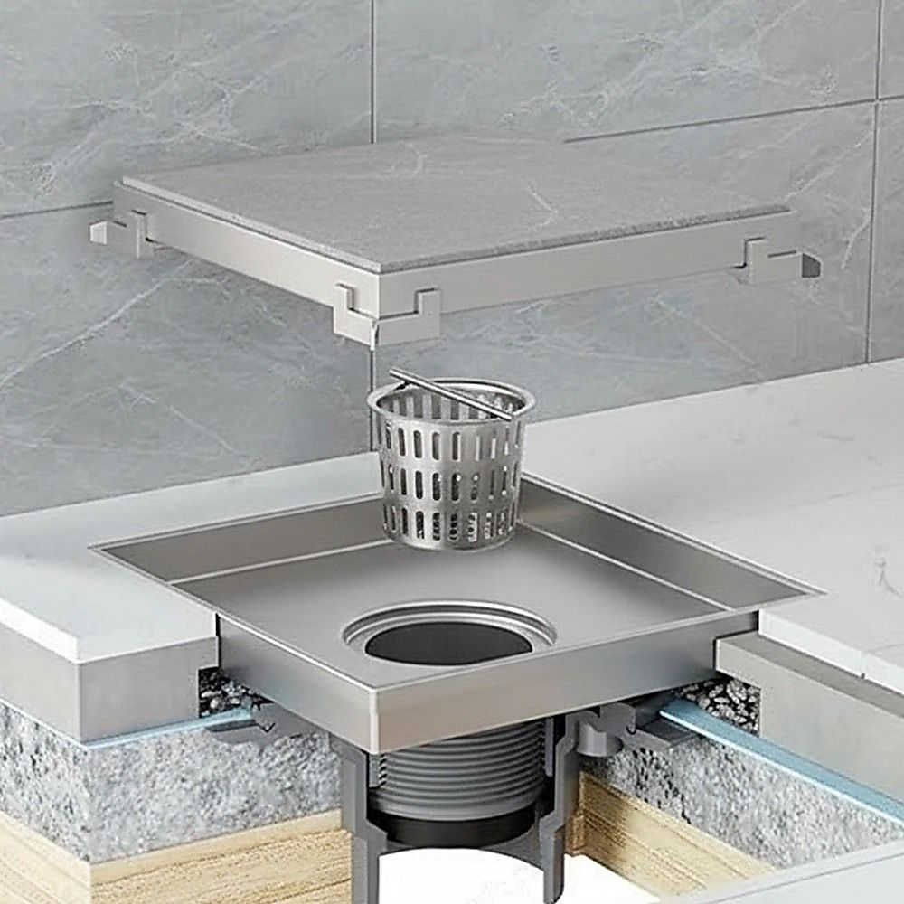 10x10cm Square Shower Drain with Removable Tile Insert Grate - Stainless steel 304SS, CUPC Certified for V63-955491
