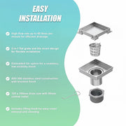 10x10cm Square Shower Drain with Removable Tile Insert Grate - Stainless steel 304SS, CUPC Certified for V63-955491