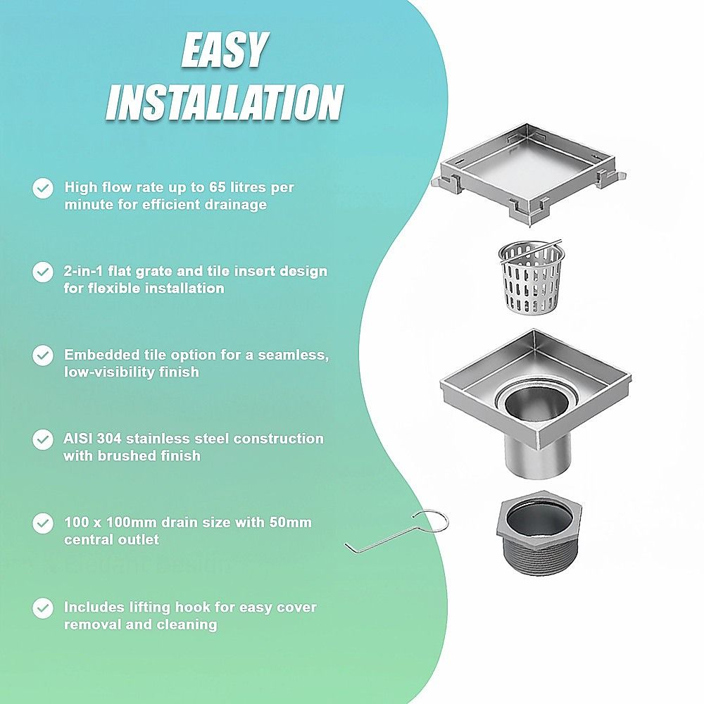 10x10cm Square Shower Drain with Removable Tile Insert Grate - Stainless steel 304SS, CUPC Certified for V63-955491