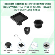 10x10cm Square Shower Drain with Removable Tile Insert Grate - Matte Black 304SS, CUPC Certified for Modern V63-955501