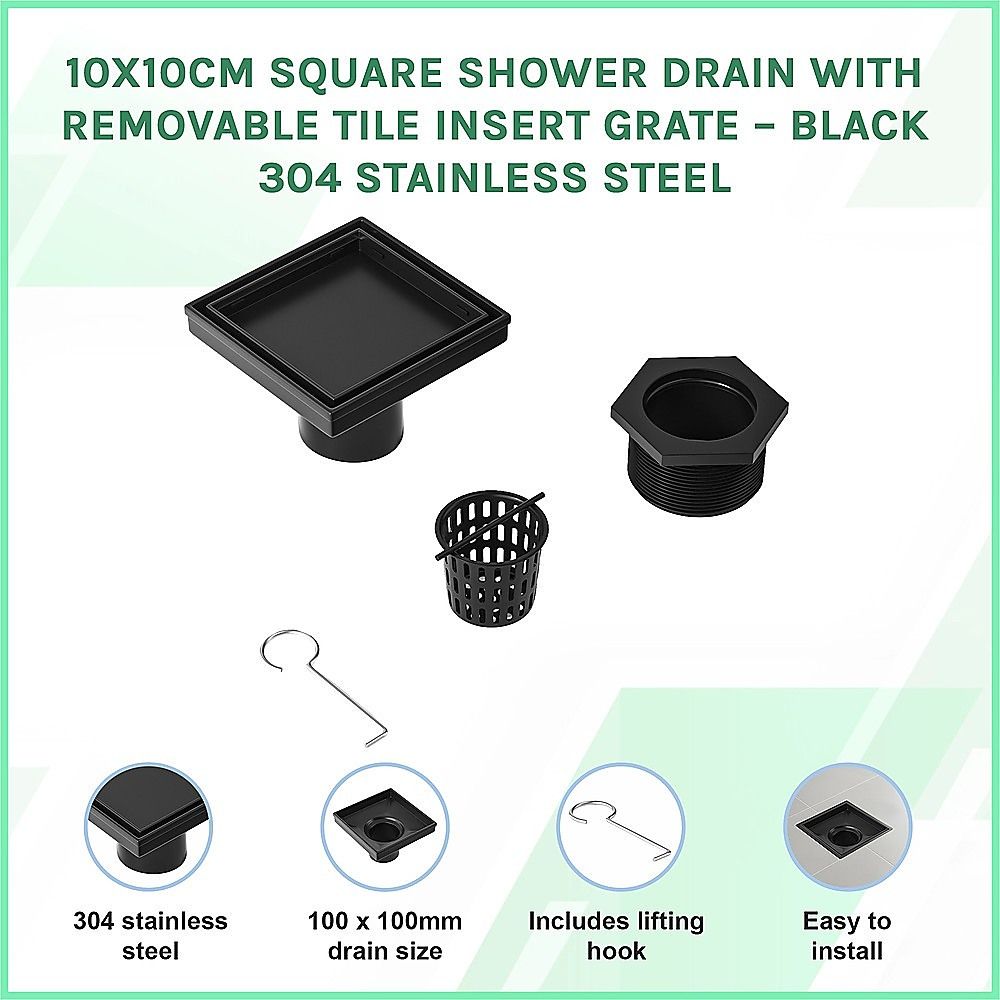 10x10cm Square Shower Drain with Removable Tile Insert Grate - Matte Black 304SS, CUPC Certified for Modern V63-955501
