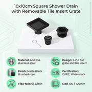 10x10cm Square Shower Drain with Removable Tile Insert Grate - Matte Black 304SS, CUPC Certified for Modern V63-955501