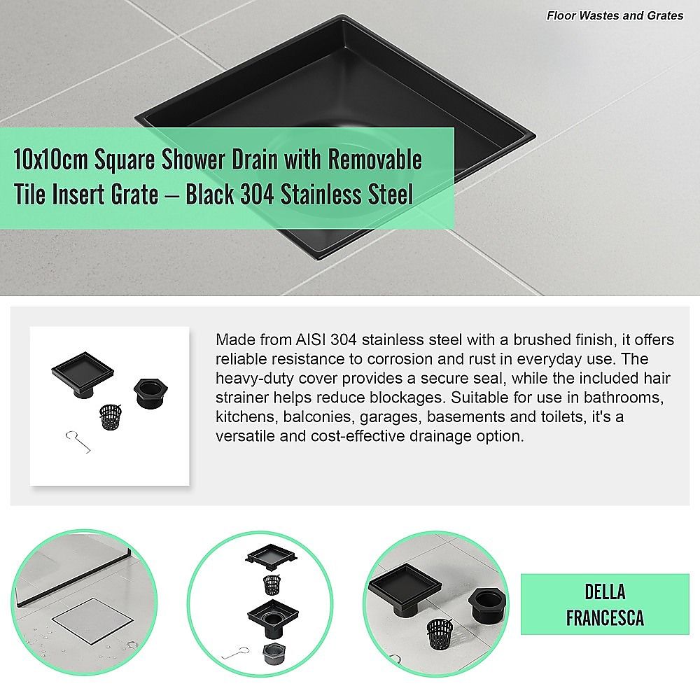10x10cm Square Shower Drain with Removable Tile Insert Grate - Matte Black 304SS, CUPC Certified for Modern V63-955501