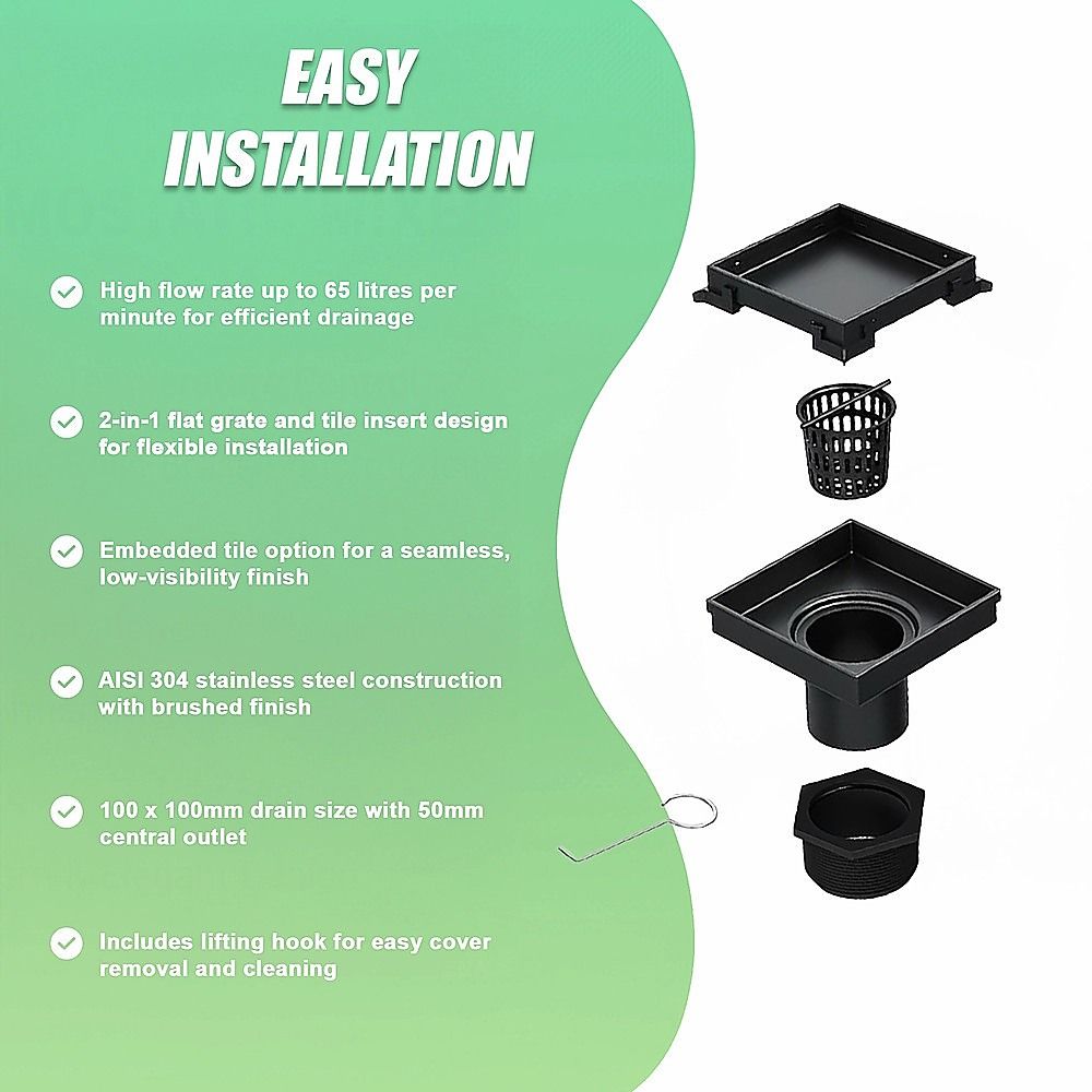 10x10cm Square Shower Drain with Removable Tile Insert Grate - Matte Black 304SS, CUPC Certified for Modern V63-955501