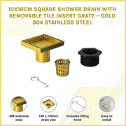 10x10cm Square Shower Drain with Removable Tile Insert Grate - Brushed Gold 304SS, CUPC Certified for Modern V63-955511